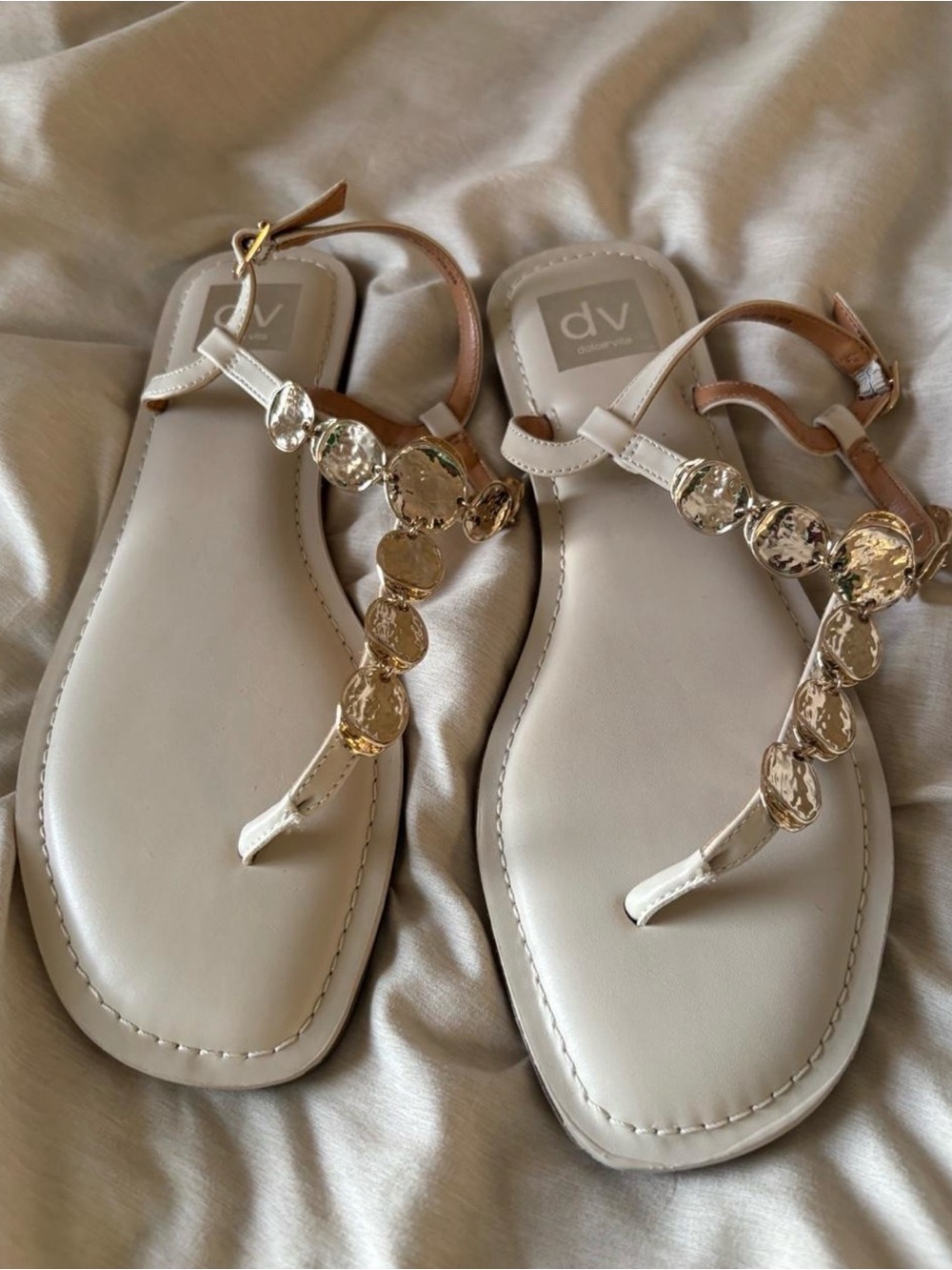 DV by Dolce Vita Taupe Beige Sandal with Gold Coin Accents